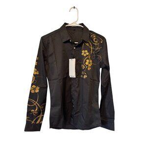 Tingbeimenshuo Mens Black Long Sleeve Shirt Gold Floral Design L